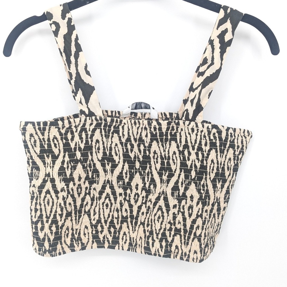 Zara Womens Smocked Ikat Print Crop Top Black Beige Cotton Stretch Large NWT